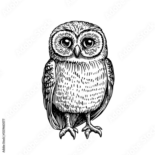 Vintage engraved illustration of a wise owl showcasing intricate hand-drawn detailing in monochrome tones for art enthusiasts