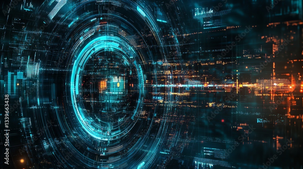 Obraz premium Navigating Digital Interface Abstract Background with Glowing Cyberpunk Elements