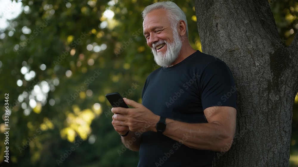 A man is smiling and holding a cell phone. He is standing next to a tree. Concept of happiness and relaxation, as the man is enjoying his time outdoors while using his phone A man is smiling and holding a cell phone. He is standing next to a tree. Concept of happiness and relaxation, as the man is enjoying his time outdoors while using his phone