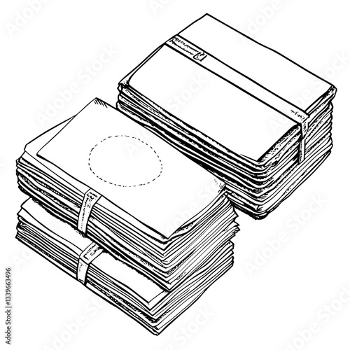 Intricate engraved illustration of neatly stacked vintage-style notes and their secure bindings in monochrome