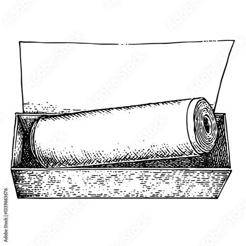 Intricate engraved illustration of a rolled tattoo design in a vintage box, evoking a sense of artistry and craftsmanship