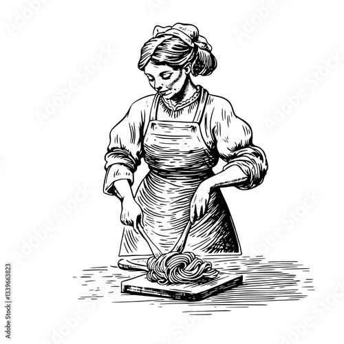 Vintage engraved illustration of a woman skillfully preparing pasta in a kitchen