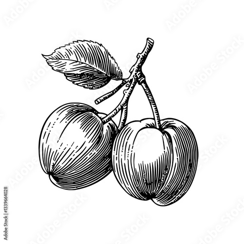 Elegant engraved illustration of ripe plums showcasing vintage hand-drawn design elements in striking black and white tones