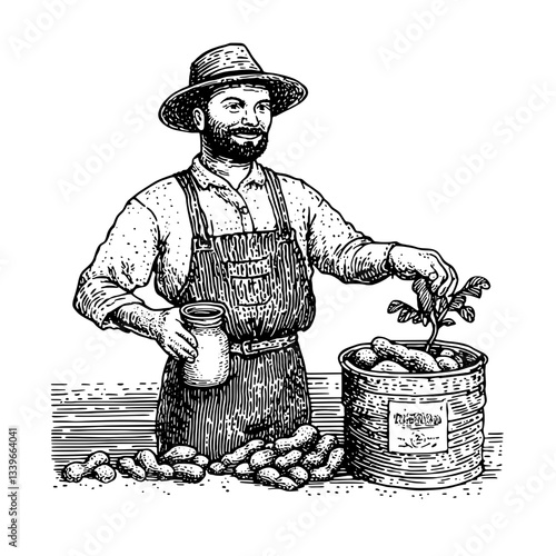 Unique hand-drawn engraving of vintage farmer tending to a crop, showcasing agricultural traditions and craftsmanship