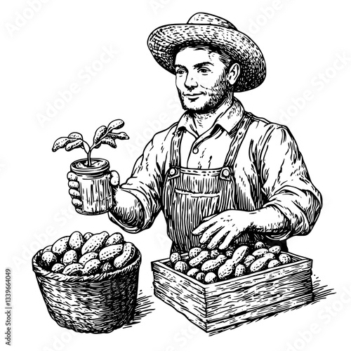 Engraved illustration of a farmer showcasing his crop with a budding plant amid harvested produce