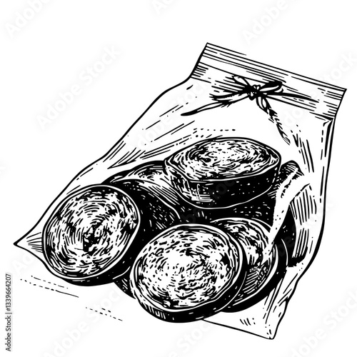 Delicate vintage illustration of hand-drawn baked goods in an elegantly tied bag conveying artisanal charm and warmth