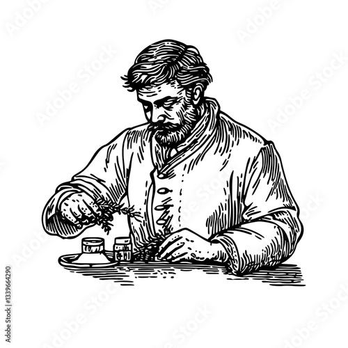 Craftsmanship of vintage illustration brings to life a skilled artisan creating a unique tattoo design in a serene workshop setting