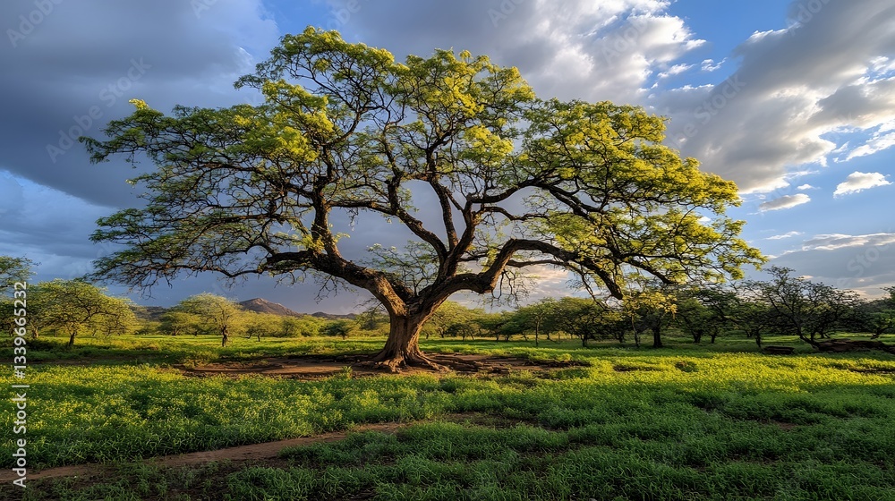 Fototapeta premium Majestic Tree in Golden Hour Meadow Landscape