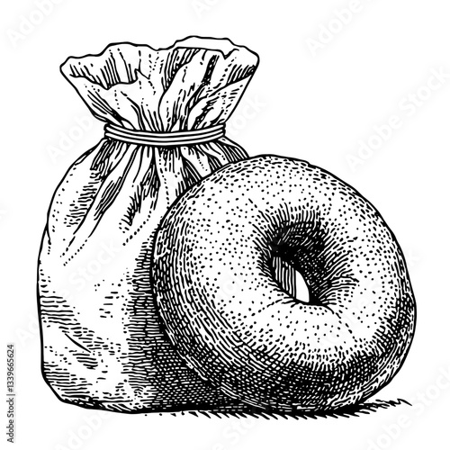 Vintage hand-drawn illustration of a bag with a fresh donut resting beside it, showcasing intricate engraved details and unique design elements
