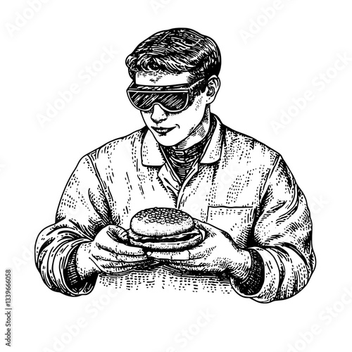 Creative hand-drawn vintage engraving of a man preparing to savor a delicious burger while wearing stylish sunglasses