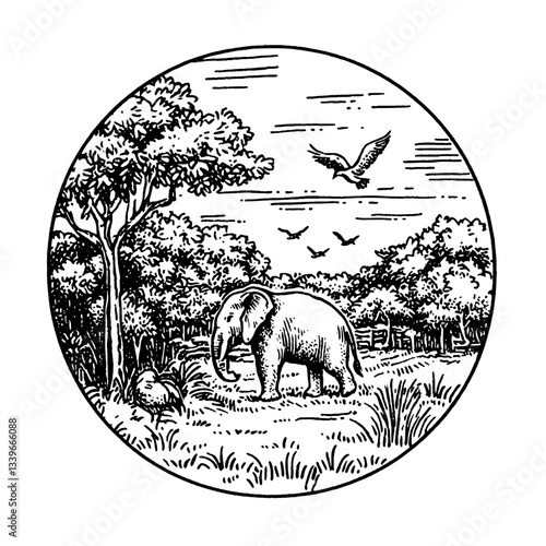 Majestic elephant roaming through serene wilderness in a vintage engraved illustration