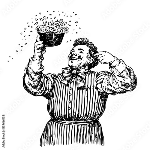 Vintage illustration of a joyful vendor showcasing freshly popped popcorn with enthusiasm