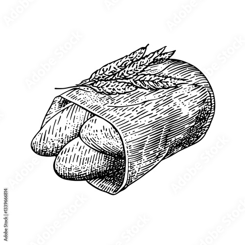 Engraved illustration of a vintage food design featuring a wrapped delicacy with herbs