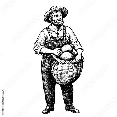 Engraved illustration of a vintage farmer proudly holding a basket of freshly gathered produce under the midday sun