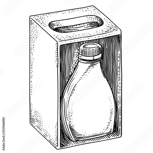 Engraved illustration of a vintage milk bottle packaged in a hand-drawn carton design showcasing premium craftsmanship