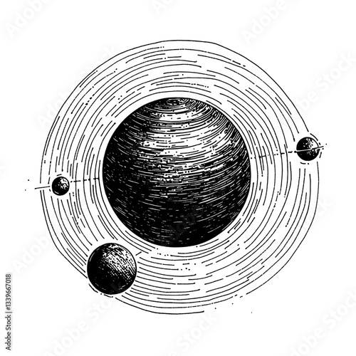 Cosmic dance of planets in swirling orbits captured in a premium hand-drawn vintage illustration style
