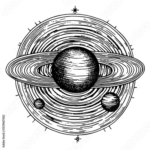 Engraved celestial design featuring planets and rings showcasing intricate vintage tattoo art