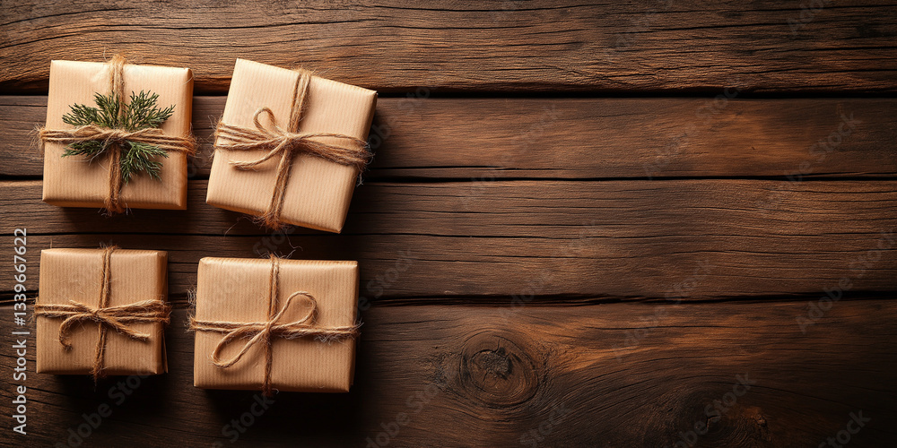 Fototapeta premium Rustic gift boxes on wooden surface with fern decoration