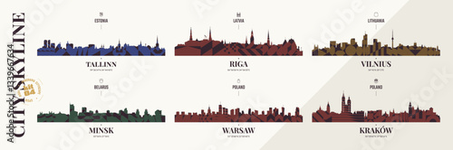 City skyline silhouettes Tallinn, Riga, Vilnius, Minsk, Warsaw, Krakow, Panoramas of the Baltic and Polish cityscape horizon with abstract brutalism geometric pattern, detail urban landscape, kit 4