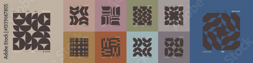 Kit of Postmodern geometric compositions with abstract shapes in brutalism aesthetics, mosaic of brutal figures, trendy color retro futuristic elements, vector modernist ornament, cards art 2