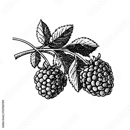 Engraved illustration of ripening raspberries on vine, perfect for vintage tattoo or design inspiration