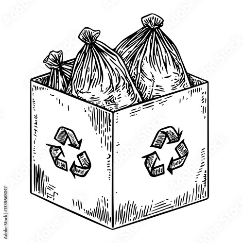 Creative vintage engraving of a recycling bin filled with waste bags, illustrating the importance of eco-consciousness in our daily lives