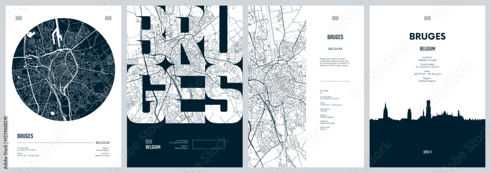 Fototapeta premium Set of travel posters with Bruges, detailed urban street plan city map, Silhouette city skyline, vector artwork