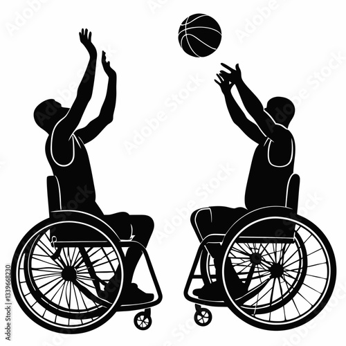 Black and white vector silhouettes of two disabled paralympic athletes in wheelchairs playing basketball, illustrating sports disciplines of people with disabilities