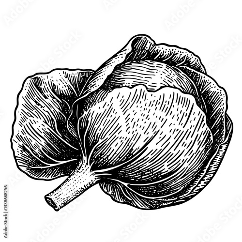 Intricate hand-drawn illustration of a cabbage capturing the essence of vintage botanical artistry in black and white