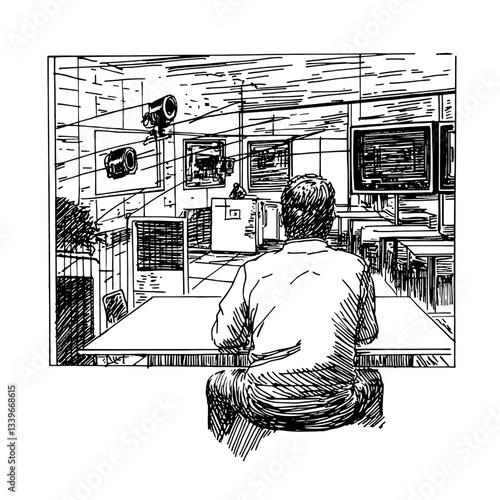 Engraved illustration of a solitary figure observing security monitors in a minimalist interior setting