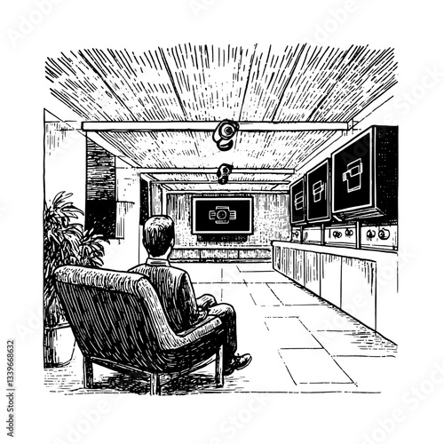 Engraved illustration of a man enjoying a vintage viewing experience in a modern room adorned with technology