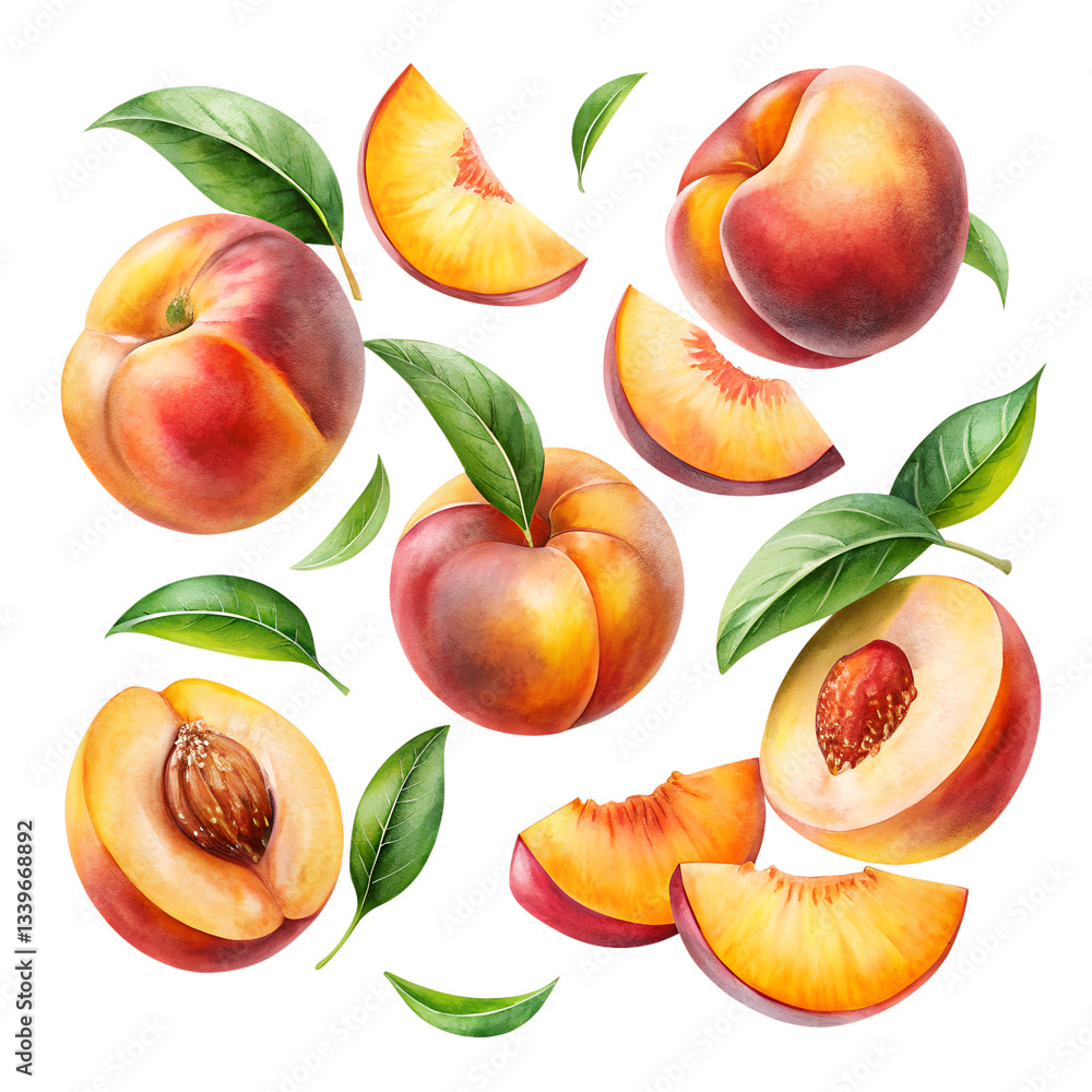 Watercolor Juicy Nectarine Slices Falling in Air Fresh Summer Fruit isolated on transparent background Watercolor Juicy Nectarine Slices Falling in Air Fresh Summer Fruit isolated on transparent background