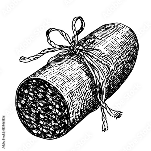 Vintage engraved illustration of a hand-drawn sausage tied with twine, capturing classic culinary craftsmanship in black and white