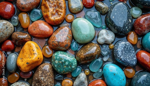 Colorful pebbles on wet surface