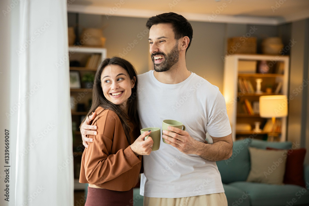 A smiling couple shares a joyful moment with coffee mugs, showcasing their connection in a cozy indoor setting.