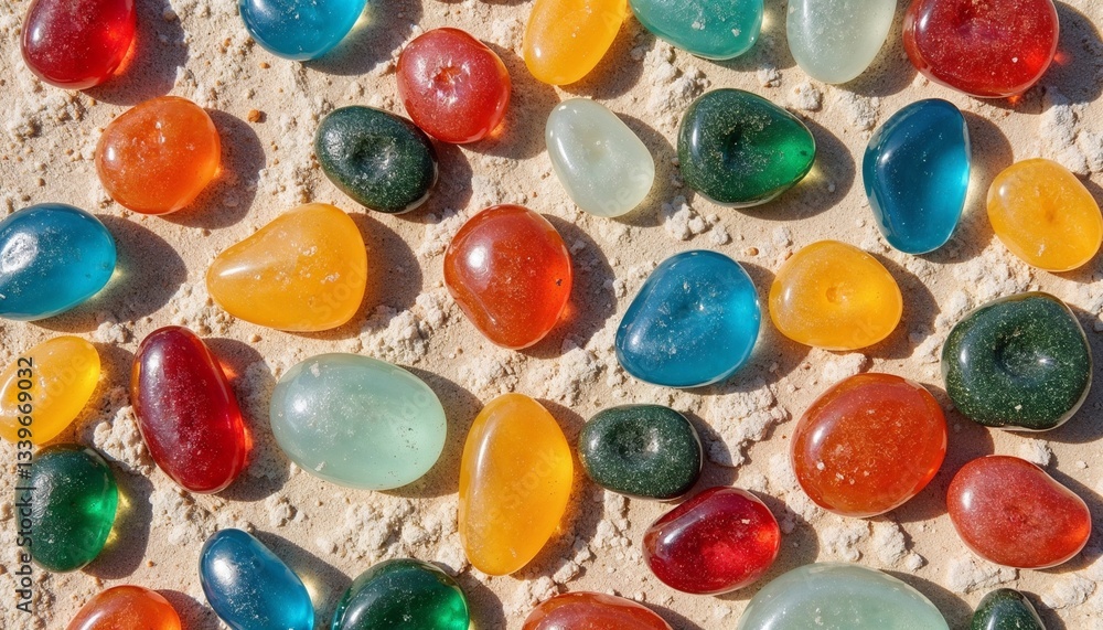 Colorful glass pebbles on sandy surface Colorful glass pebbles on sandy surface