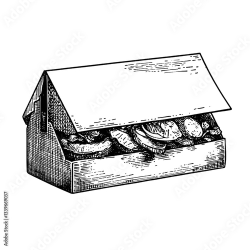 Vintage engraved illustration of a detailed wooden box filled with assorted decorative items and crafted treasures