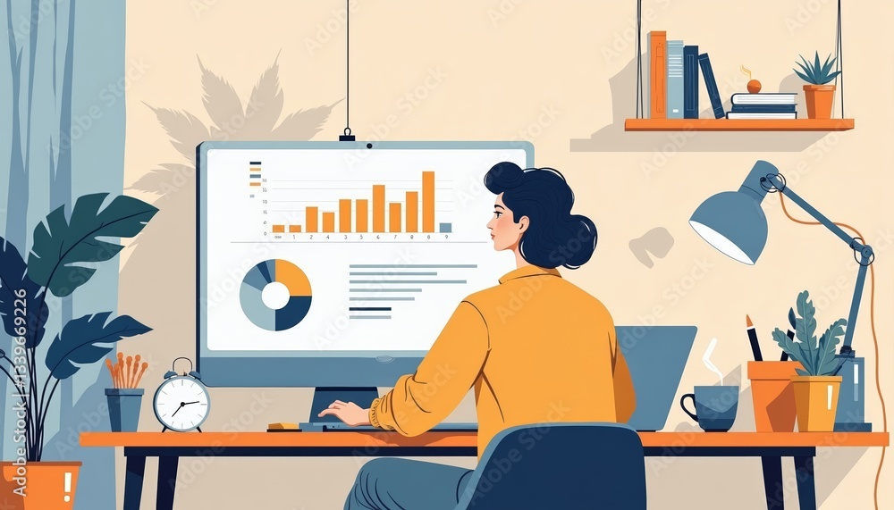Fototapeta premium Woman analyzing data at a desk with computer and plants