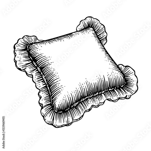 Elegant vintage engraved illustration of a decorative cushion with intricate details and ruffled edges showcasing premium craftsmanship