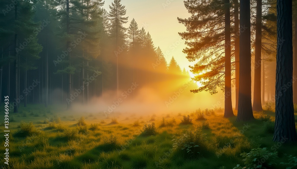 Obraz premium Sunlight Filters Through Tall Trees in a Serene Forest With Mist Rising From the Ground at Dawn