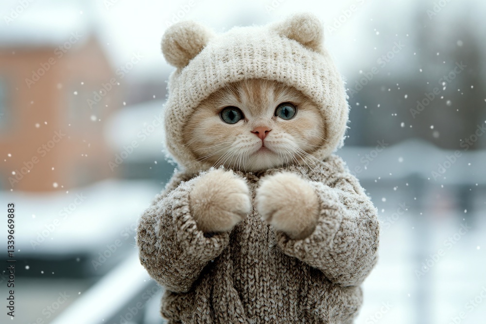 Fototapeta premium Social commercial - animal care. Problem of endangered animals. Sad cute baby cat british shorthair in winter warm clothes, visible breath from nose and mouth in cold atmosphere. Cat warm liner.