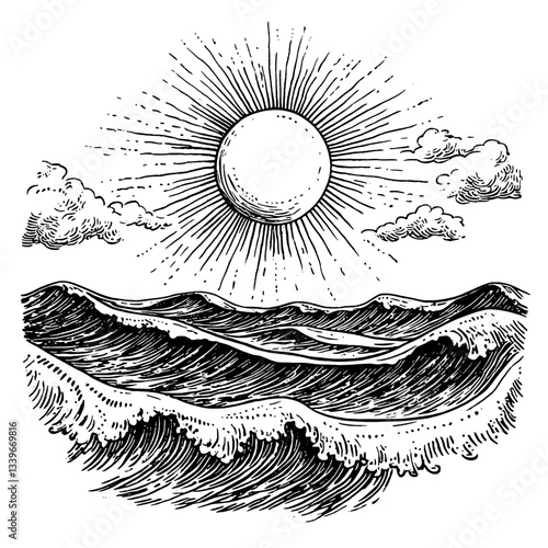 Vintage engraved illustration of sun over ocean waves with clouds in a striking black and white design