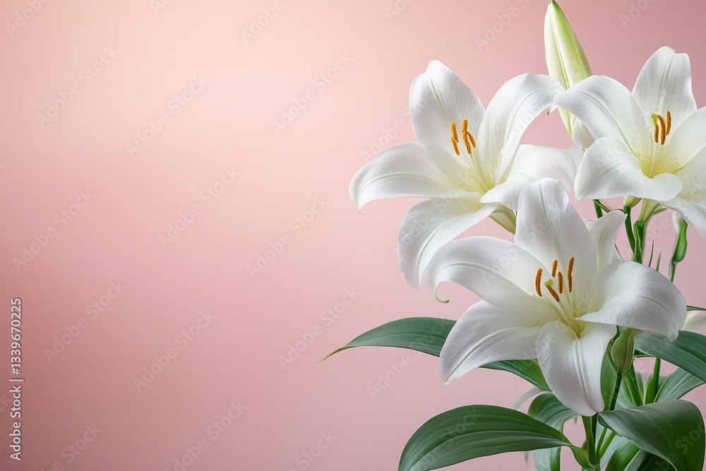 Naklejka premium Easter Background, Easter Banner, Elegant White Lilies Bouquet Pink Background Floral Still Life Photography