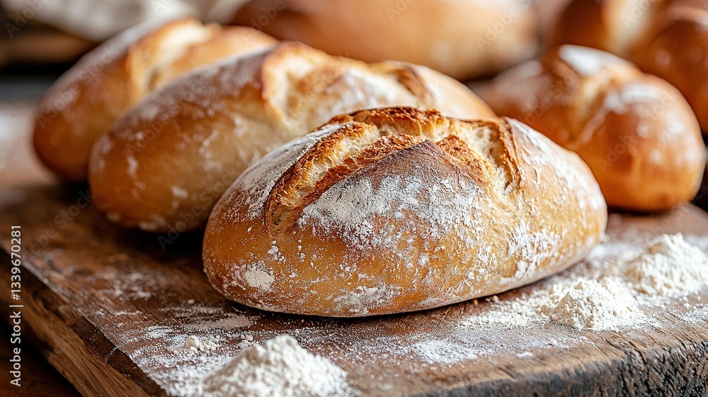 A cluster of breads atop a wooden cutting board alongside a heap of doughnuts A cluster of breads atop a wooden cutting board alongside a heap of doughnuts