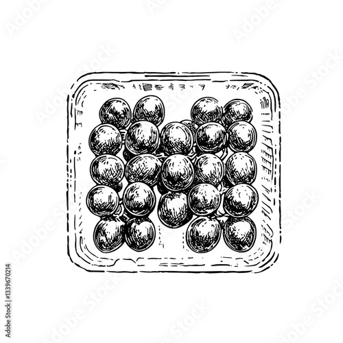 Vintage engraved illustration of an assortment of decorative eggs arranged in a traditional wooden tray
