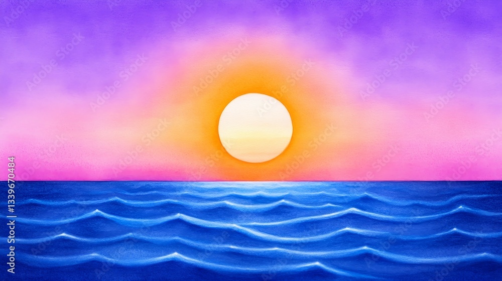 Obraz premium Serene Sunset Ocean Watercolor - Peaceful ocean sunset, symbolizing tranquility, hope, new beginnings, calmness, and serenity. A vibrant, colorful scene