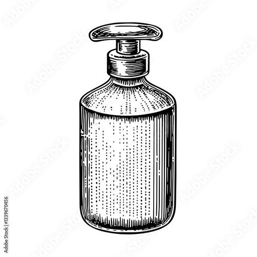 Unique vintage hand-drawn illustration of an engraved pump bottle design for premium products