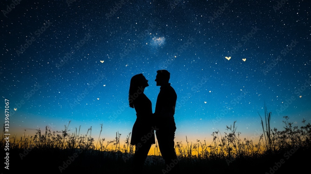 Silhouette Couple Embraces Under Starry Night Sky Silhouette Couple Embraces Under Starry Night Sky
