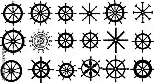 Set of ship steering wheel silhouette
