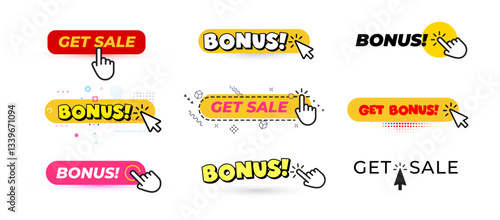 Clickable buttons with GET SALE and BONUS texts. Promotional banners for ecommerce, marketing, special offers. Bright, modern UI design. Vector illustration.